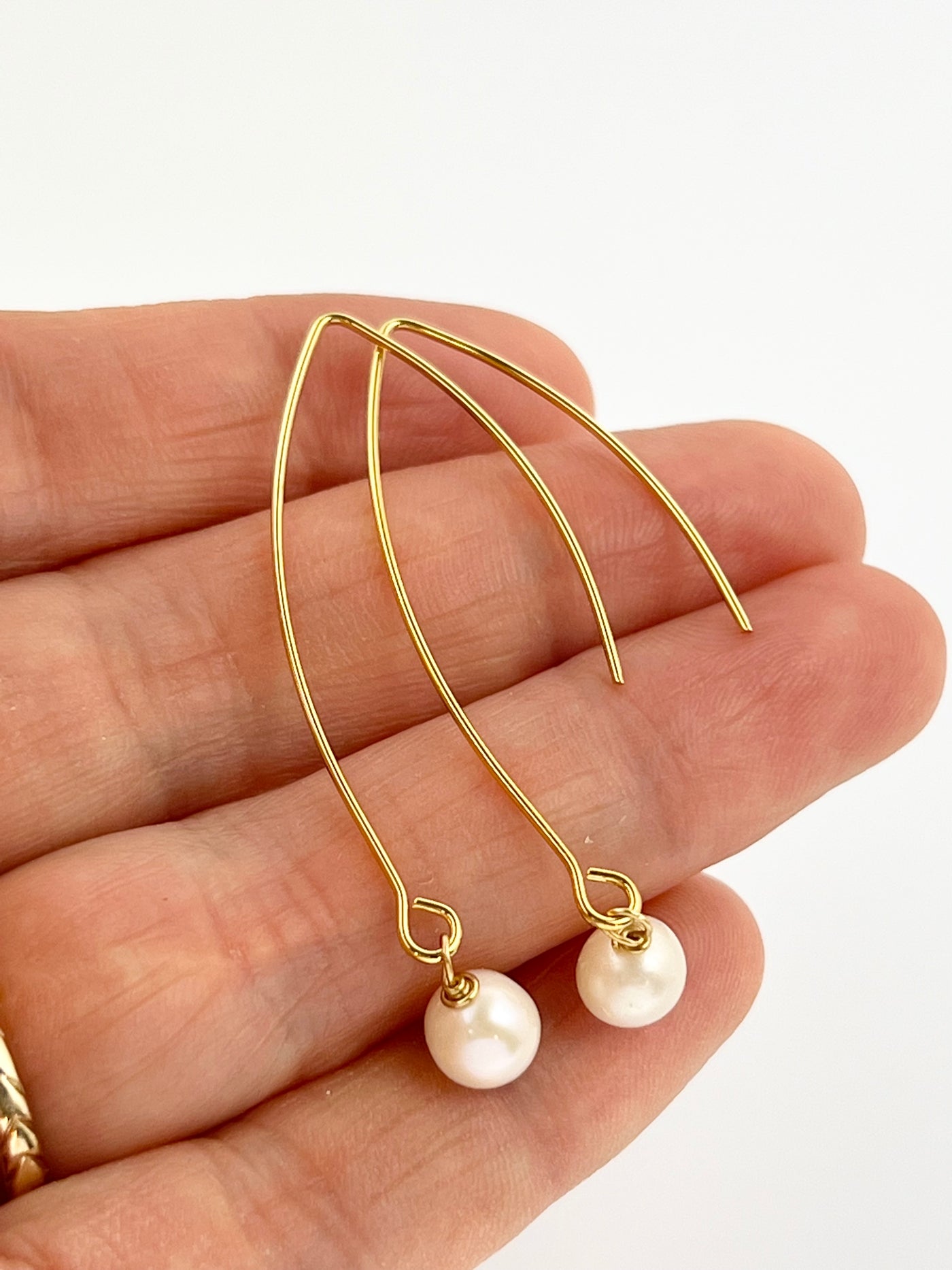 Long Curved Gold Pearl Earrings