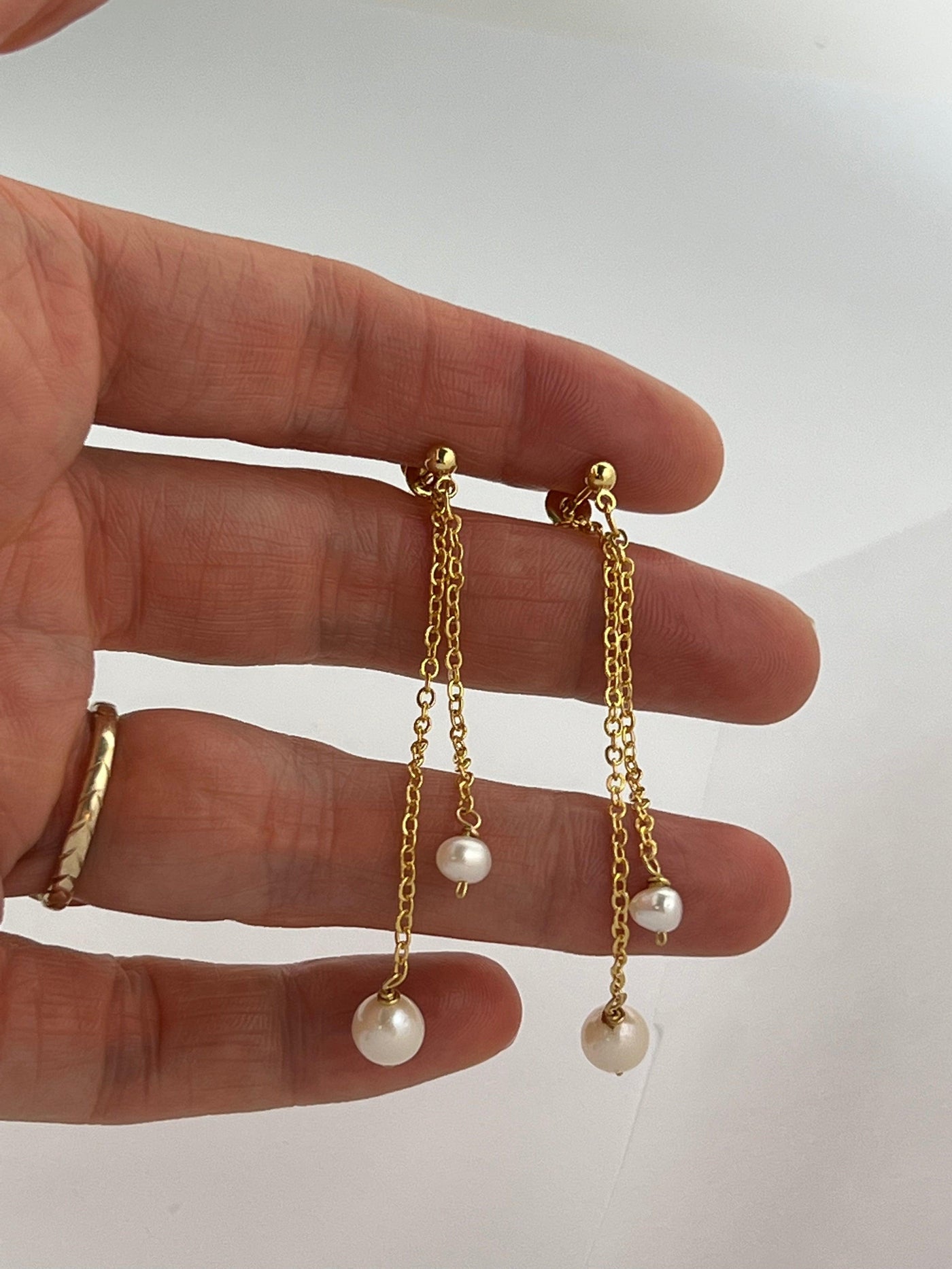 Gold Double Chain Freshwater Pearl Earrings