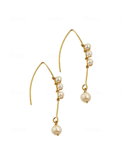 Long Gold Curved Multiple Pearls Earrings