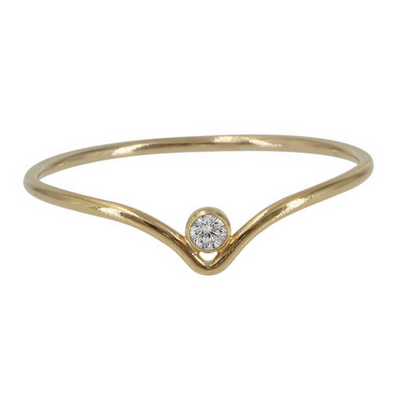14K gold filled chevron shaped ring with white sparkly cubic Zirconia stone nestled into the centre point of the chevron peak on white background