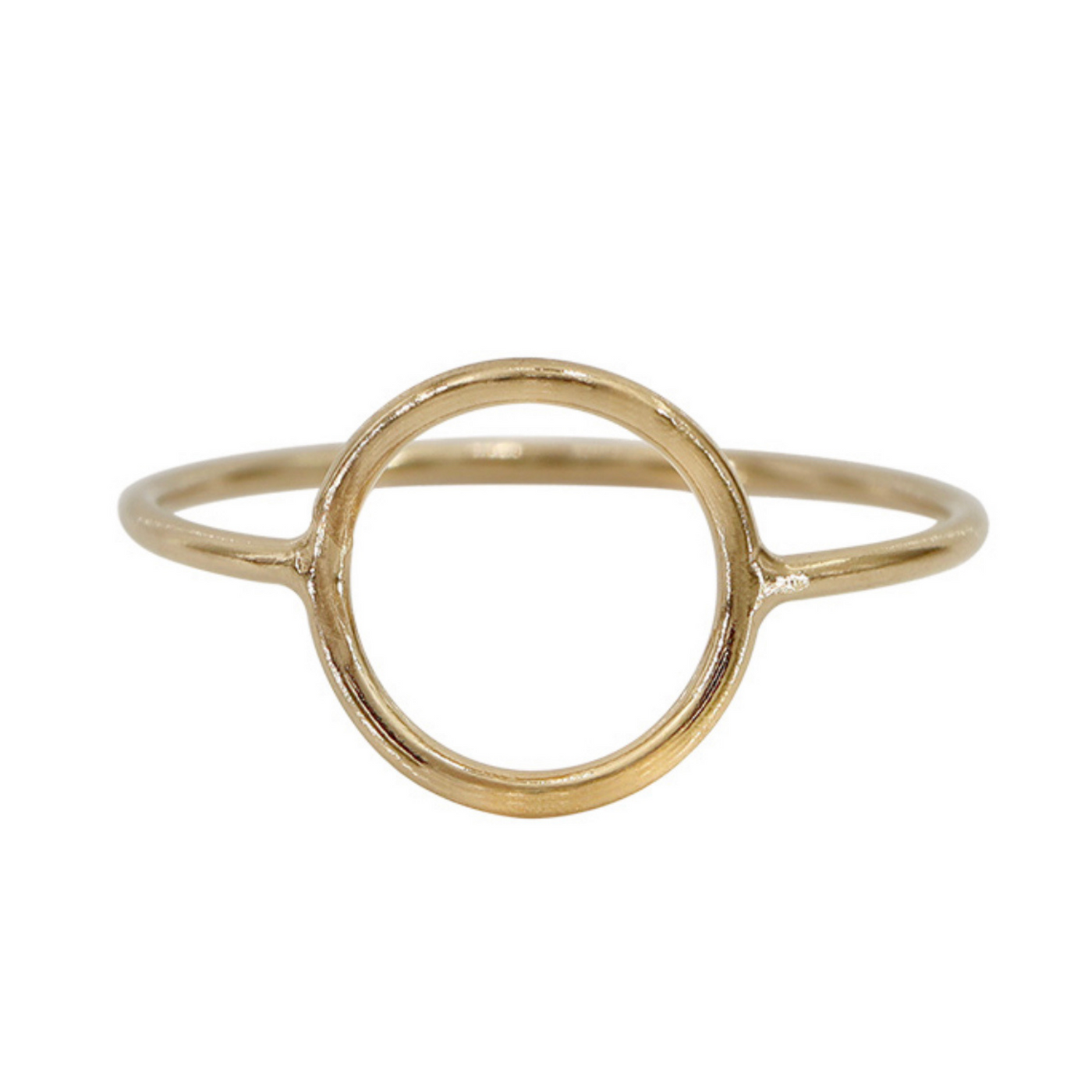 Highly polished 14KGF hollow circle stacking ring on white background.