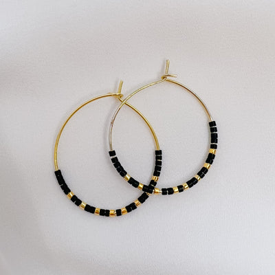 gold hoops with alternating gold and matt black miyuki seed beads
