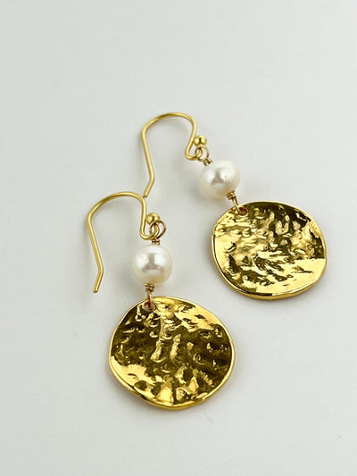 Gold Freshwater Pearl Hammered Disc Earrings