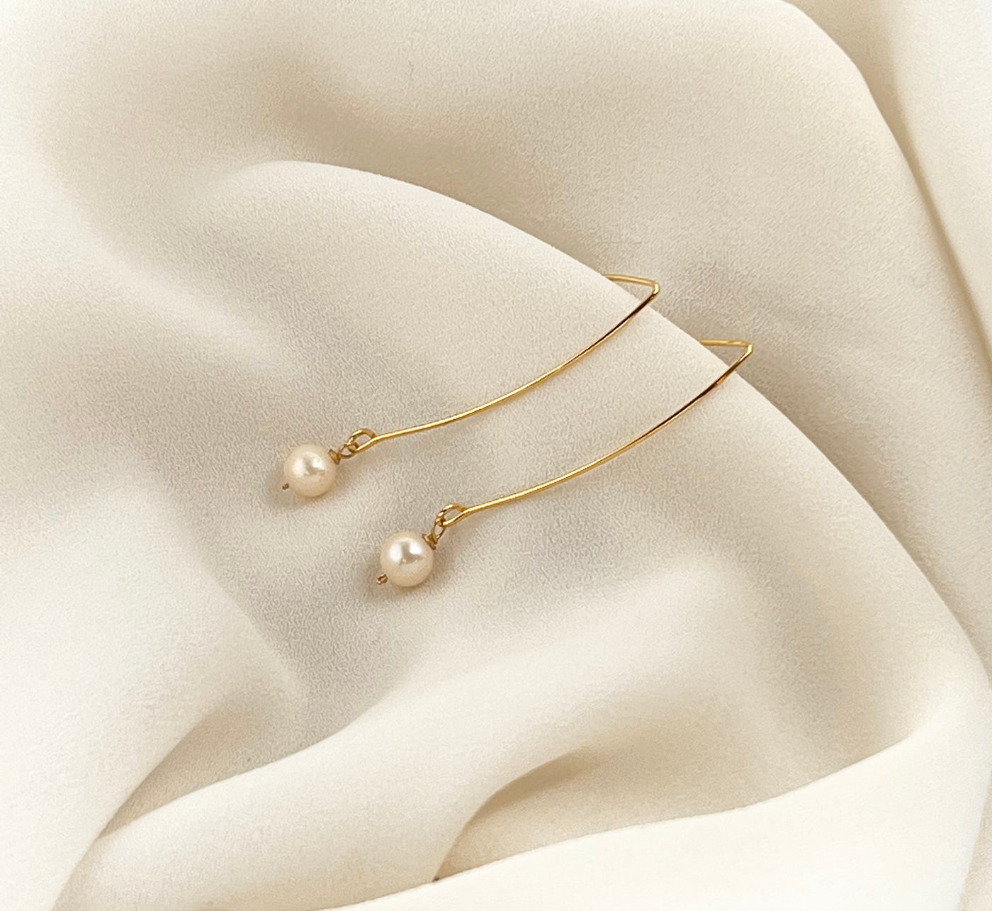 Long Curved Gold Pearl Earrings
