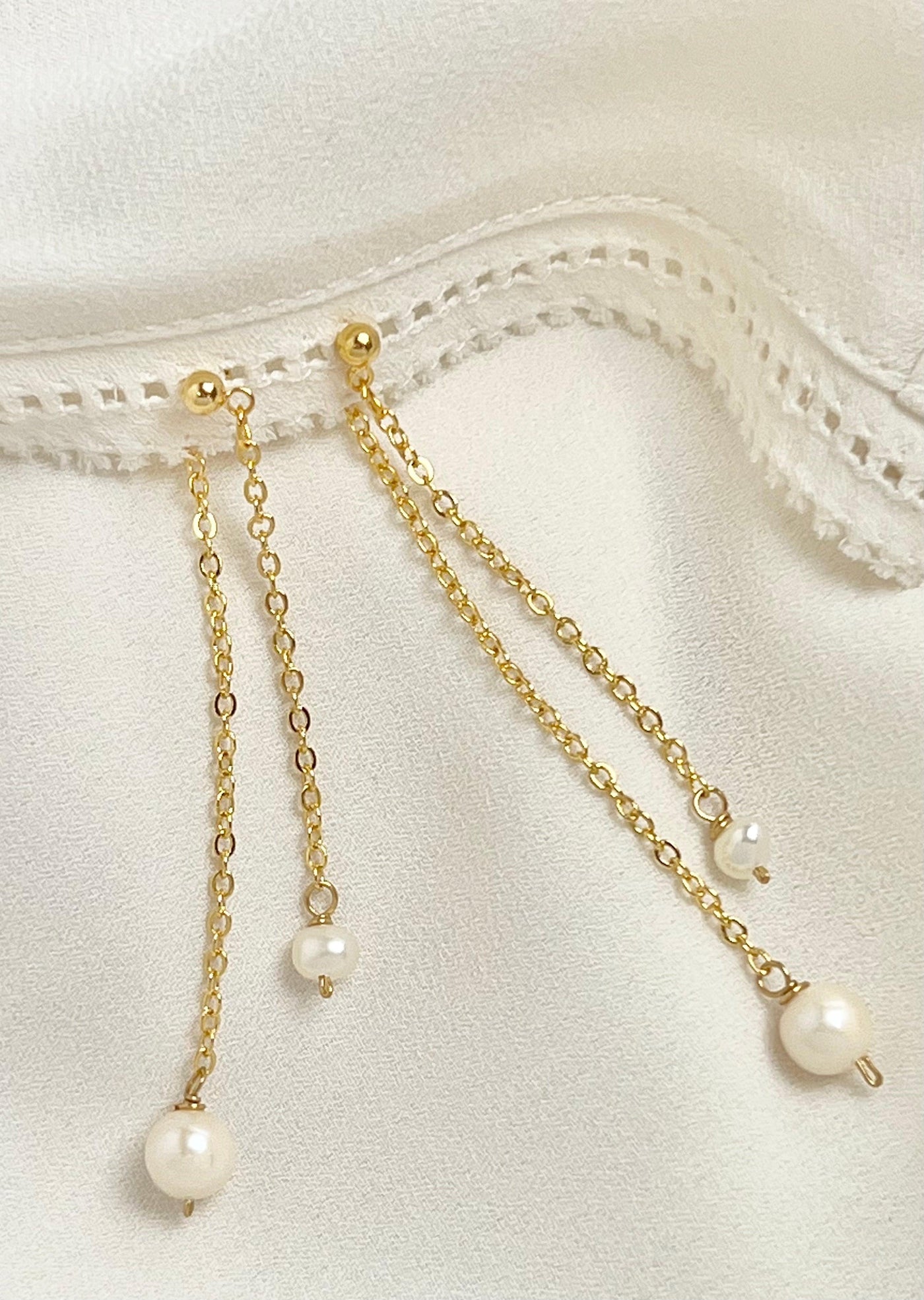Gold Double Chain Freshwater Pearl Earrings