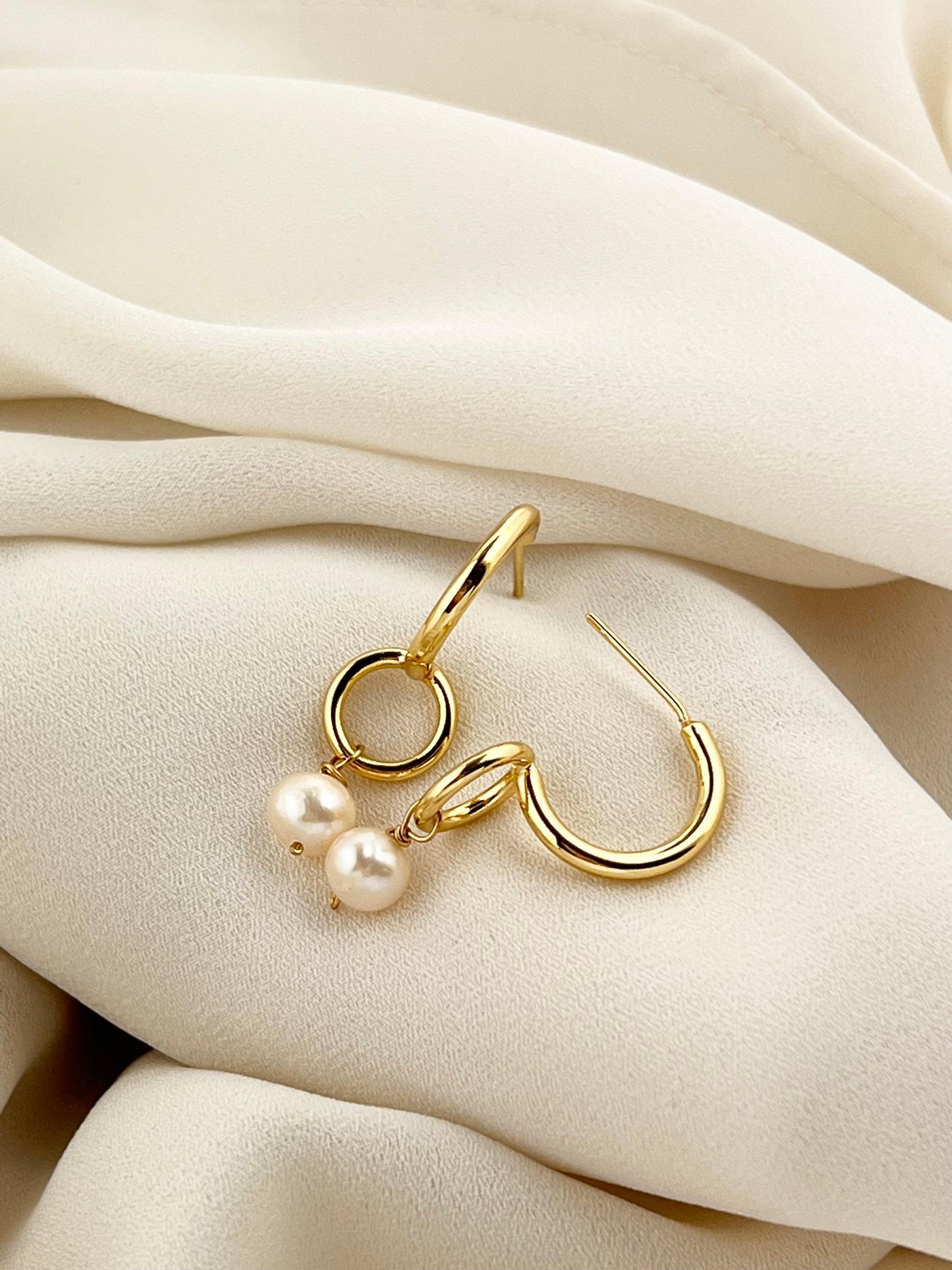 Gold Half Hoop Circle Pearl Earrings
