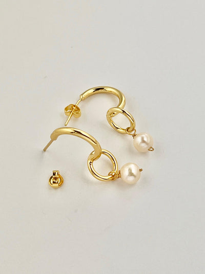 Gold Half Hoop Circle Pearl Earrings