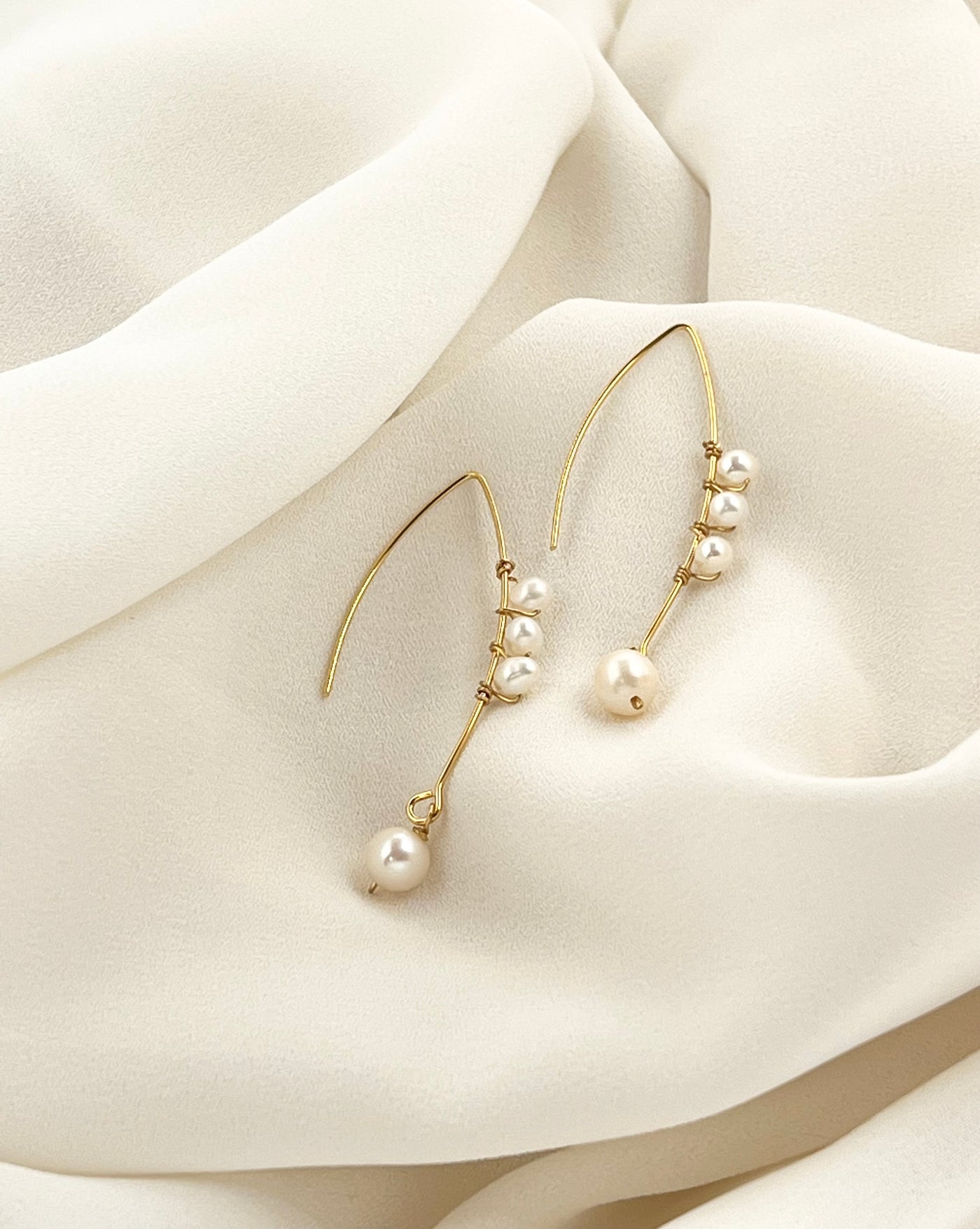 Long Gold Curved Multiple Pearls Earrings