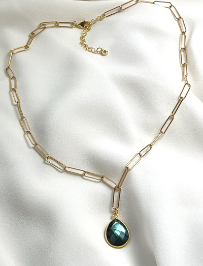 Gold Paperclip Chain with Blue Flash Labradorite Necklace