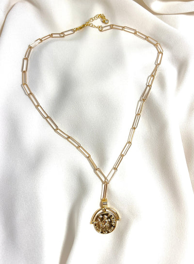 Gold Paperclip Chain with Greek Medallion Necklace