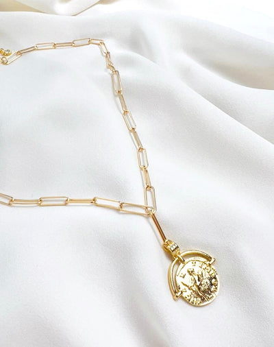 Gold Paperclip Chain with Greek Medallion Necklace