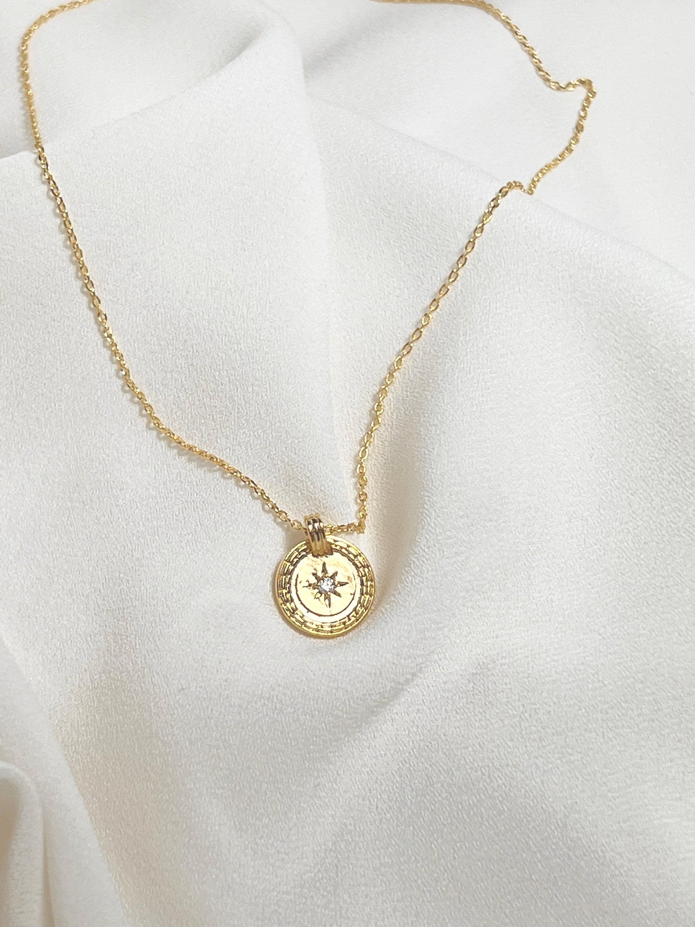 Gold Cubic Zirconia Round Coin Necklace