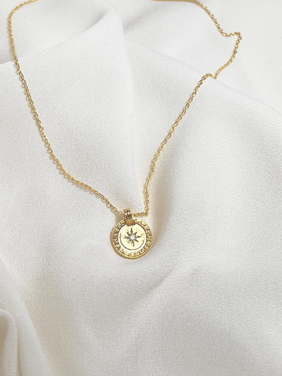 Gold Cubic Zirconia Round Coin Necklace