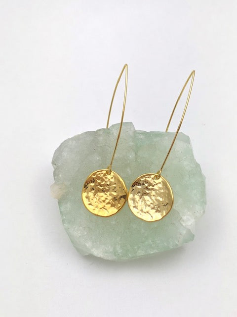 Long Gold Hammered Disc Dangle Earrings